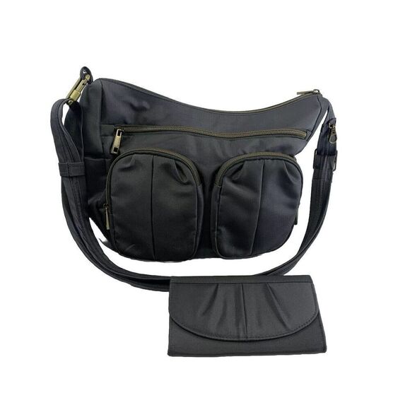 Travelon Crossbody Purse Double Gusset Pockets Zip With Flap Snap Wallet Gray - Picture 1 of 15